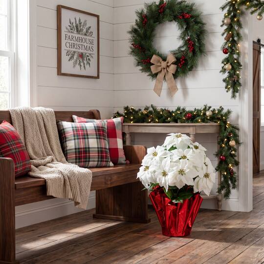 Nearly Natural 30" White Artificial Grand Velvet Poinsettia Arrangement in Red Wrapped Planter
